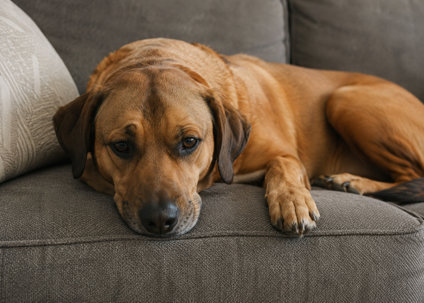 Un perro mayor descansando en casa sobre una alfombra suave